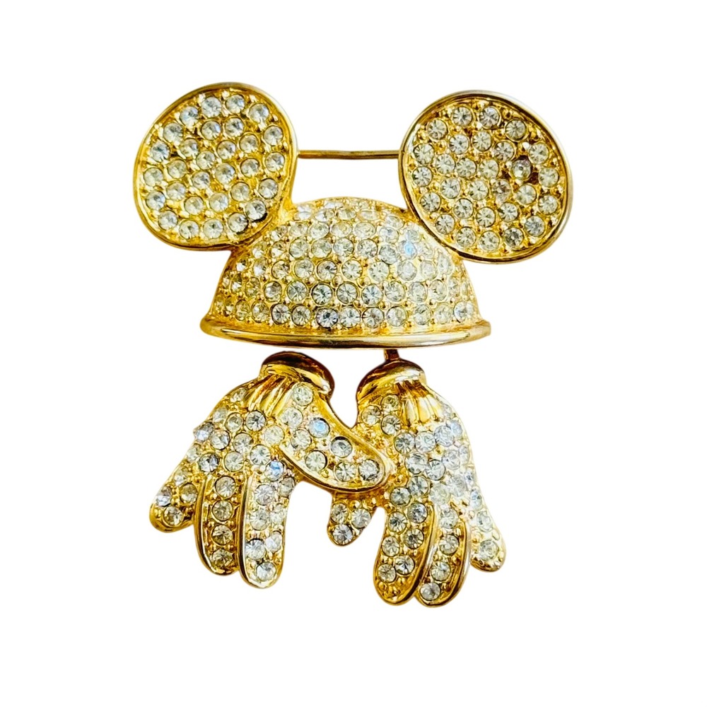 Disney Napier Mickey Mouse Ears Gloves Brooch Pin Hat Signed Rhinestone Gold 90s